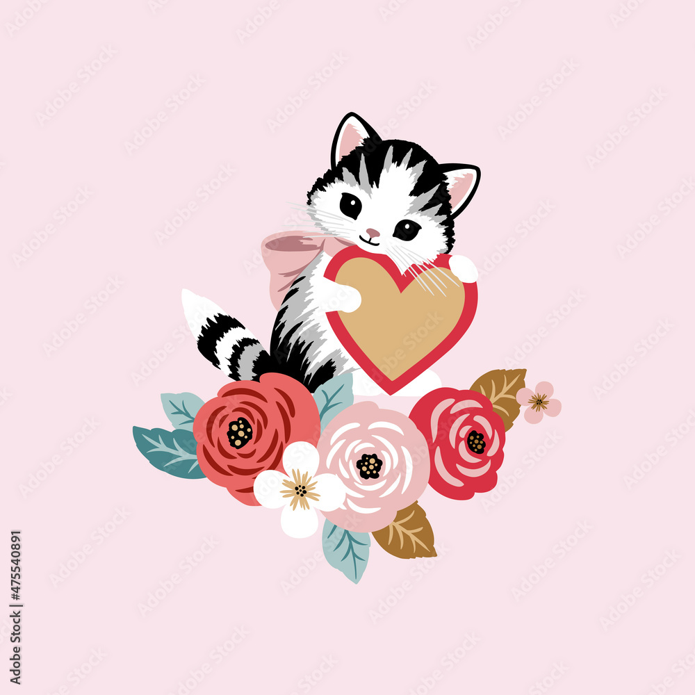 Cute hand drawn vector vintage Valentine cat with heart and flowers. Perfect for tee shirt logo, greeting card, poster, invitation or print nursery design.