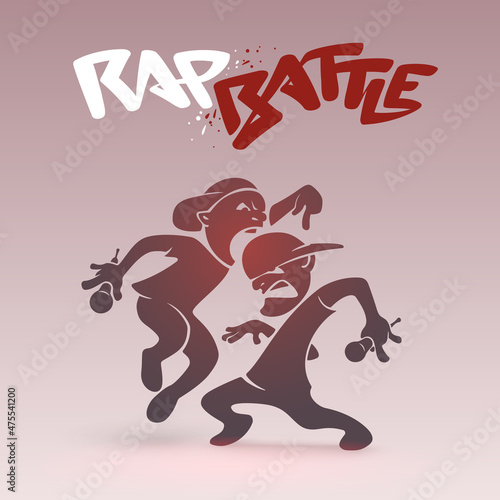 Rap Battle. Funny poster with a graffiti logo. Two aggressive rappers rivals each other by a tricky punchlines. Hip Hop fight of urban boys who bounces and swings with a microphones