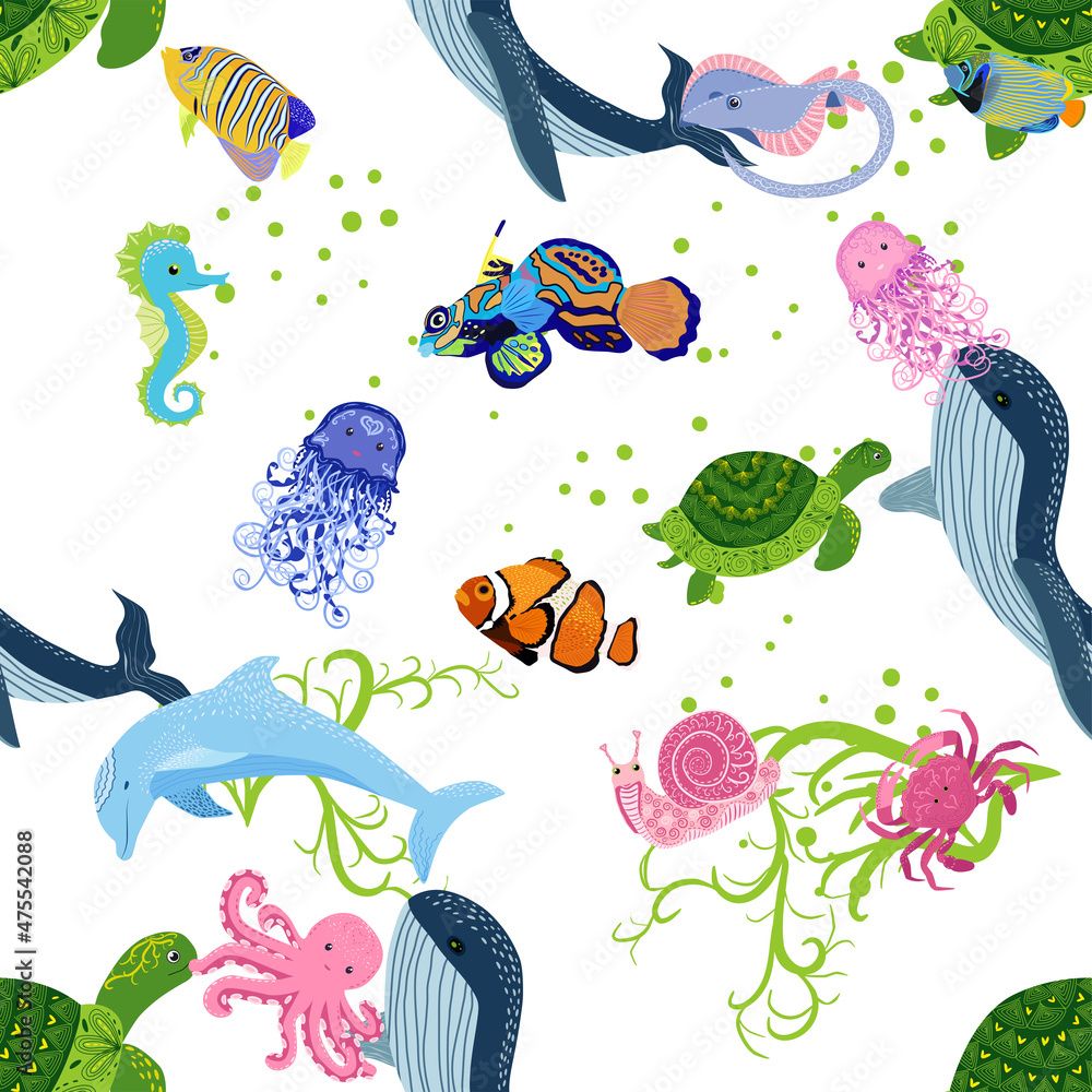 Marine life, fish, animals bright seamless pattern. sea travel, underwater diving animal tropical fish. Jellyfish, whale, shark, seahorse, clown fish, dolphin, turtle, emperor Marine life, fish, animals bright seamless pattern. sea travel, underwater diving animal tropical fish. Jellyfish, whale, shark, seahorse, clown fish, dolphin, turtle, emperor