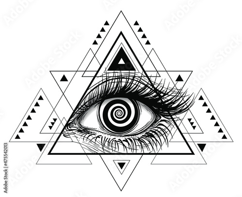 Vector illustration of the all-seeing eye. The symbol of the Masons in a modern triangle shapes design like modern tattoos.