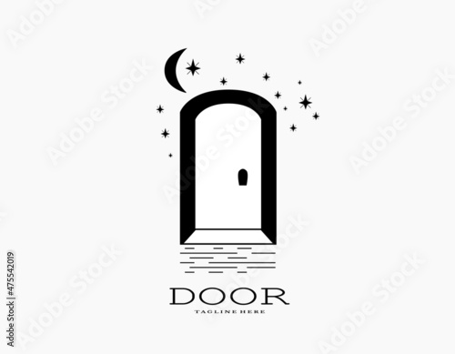 Dream of door icon with black and white. Aesthetic doorway logo with stars and moon. Trendy arch architecture entrance and stairway vector.