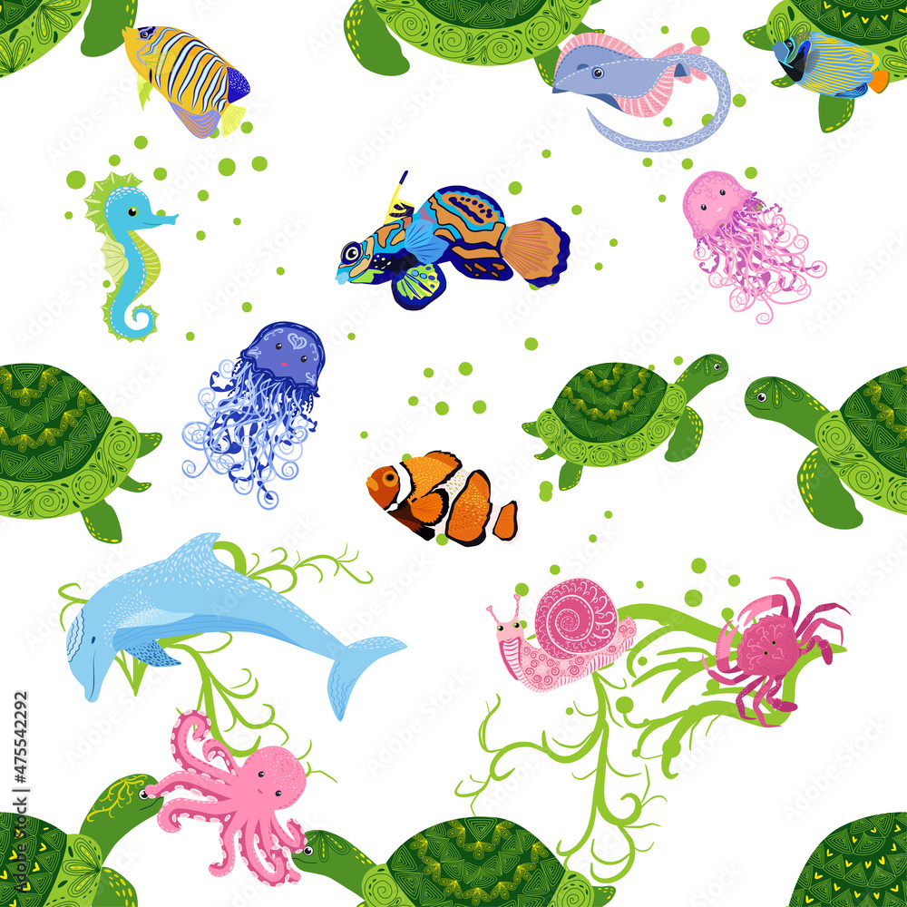 Marine life, fish, animals bright seamless pattern. sea travel, underwater diving animal tropical fish. Jellyfish, whale, shark, seahorse, clown fish, dolphin, turtle, emperor Marine life, fish, animals bright seamless pattern. sea travel, underwater diving animal tropical fish. Jellyfish, whale, shark, seahorse, clown fish, dolphin, turtle, emperor
