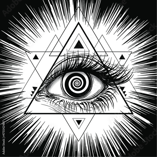 Vector illustration of the all-seeing eye. The symbol of the Masons in a modern triangle shapes and bright rays design like modern tattoos.