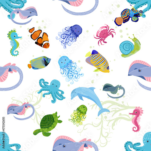 Marine life, fish, animals bright seamless pattern. sea travel, underwater diving animal tropical fish. Jellyfish, whale, shark, seahorse, clown fish, dolphin, turtle, emperor