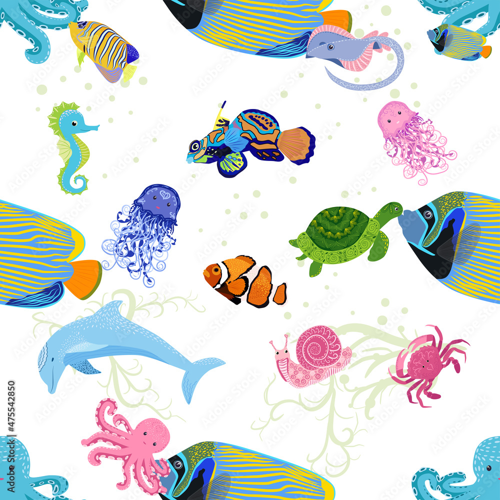 Naklejka premium Marine life, fish, animals bright seamless pattern. sea travel, underwater diving animal tropical fish. Jellyfish, whale, shark, seahorse, clown fish, dolphin, turtle, emperor