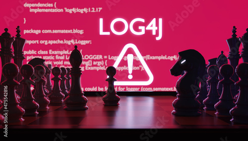 Chess board with text Log4j, warning sign and digital numbers. Cyberspace and vulnerability. 3D rendering. photo