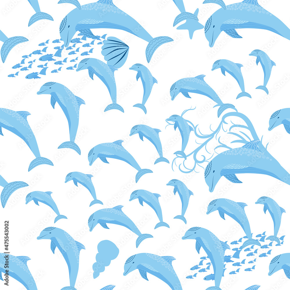 Naklejka premium Dolphin, sea inhabitants seamless pattern, beautiful character among seashells, algae, starfish, marine wildlife