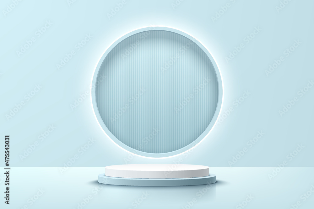 Realistic white and blue 3D cylinder pedestal podium with illuminate ring neon and stripes pattern in window. Minimal scene for product display presentation. Vector rendering geometric platform. Realistic white and blue 3D cylinder pedestal podium with illuminate ring neon and stripes pattern in window. Minimal scene for product display presentation. Vector rendering geometric platform.