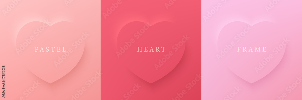 Set of pastel pink and red soft 3D heart shape frame design. Collection of geometric backdrop for cosmetic product display. Elements for valentine day festival design. Top view. Vector illustration - obrazy, fototapety, plakaty 