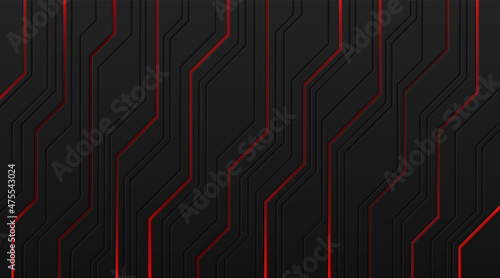 Dynamic red light on black metallic cyber geometric design in circuit  style. Modern technology futuristic background. Design for banner, cover, web, flyer, card, poster, wallpaper. Vector EPS10