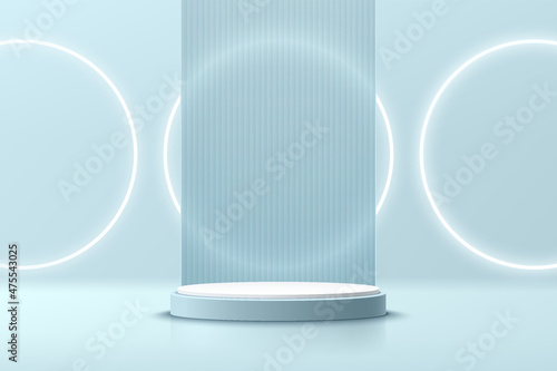 Realistic white and blue 3D cylinder pedestal podium with illuminate ring neon and rectangle backdrop. Abstract mnimal scene for product display presentation. Vector rendering geometric platform.