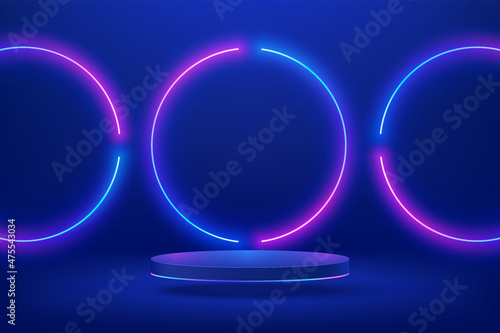 Realistic 3d dark blue cylinder pedestal podium in Sci-fi dark blue abstract room with illuminate circles shape neon lamp. Vector rendering product display presentation. Futuristic minimal scene.