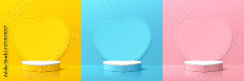 Set of realistic yellow, blue, pink, white 3d pedestal podium in heart shape. Heart shape backdrop in pastel color. Abstract vector rendering for valentine product display presentation. Minimal scene.