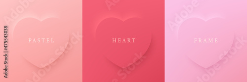 Set of pastel pink and red soft 3D heart shape frame design. Collection of geometric backdrop for cosmetic product display. Elements for valentine day festival design. Top view. Vector illustration photo