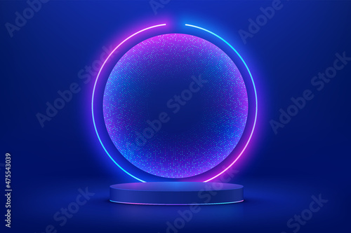 Realistic blue 3d cylinder pedestal podium in Sci-fi dark blue abstract room with illuminate circle neon lamp and shiny glitter in window. Vector rendering product display. Futuristic minimal scene.