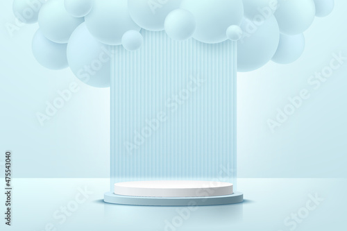 Realistic white and blue 3D cylinder pedestal podium with bubbles or blue sphere balls flying and vertical pattern background. Minimal scene for product display. Vector rendering geometric platform.