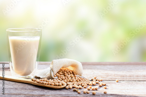 Soybean and soy milk on wooden table with green nature blurred background.