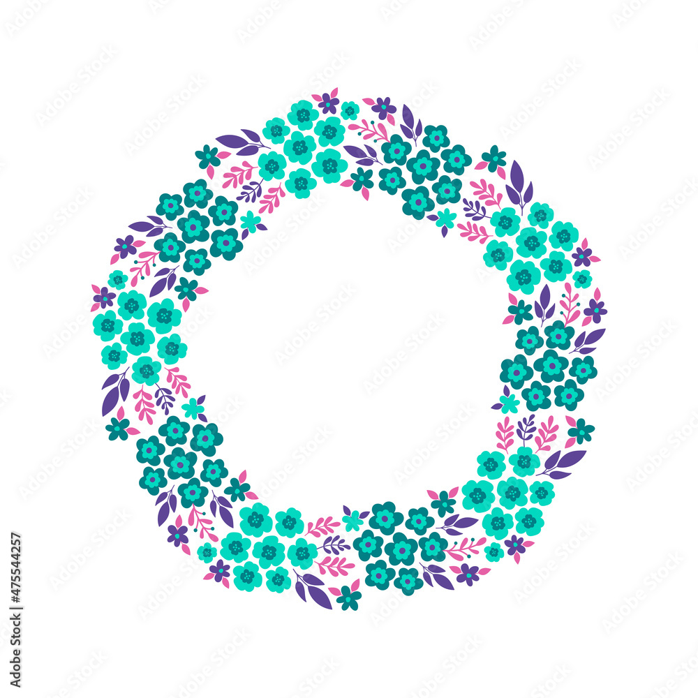 Hand-drawn wreath with white background. Wreath with green and purple. Cute and childish design for fabric, textile, wallpaper, bedding, swaddles or gender-neutral apparel.