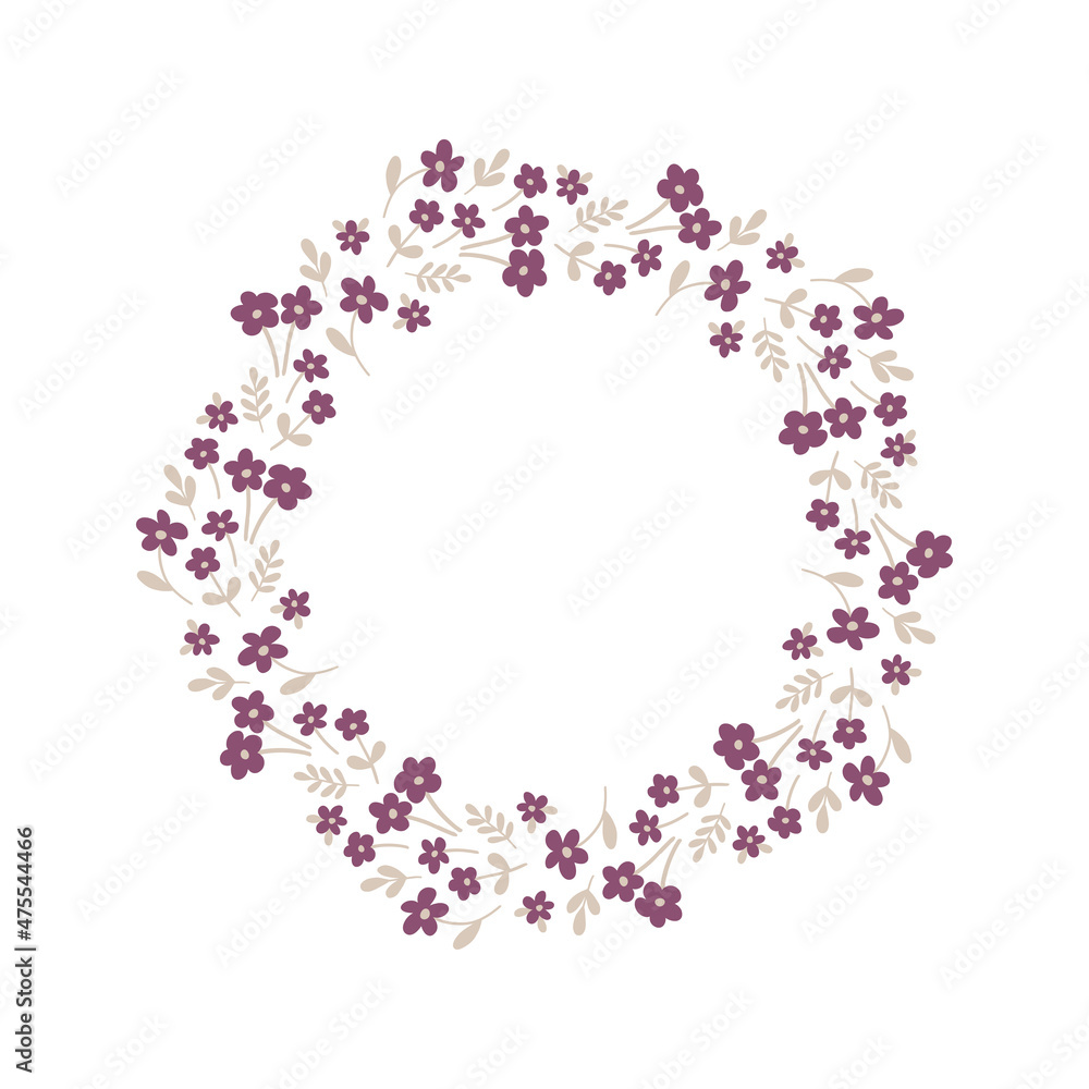 Hand-drawn wreath with white background. Wreath with purple flowers. 