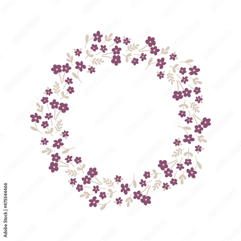 Hand-drawn wreath with white background. Wreath with purple flowers. Hand-drawn wreath with white background. Wreath with purple flowers.