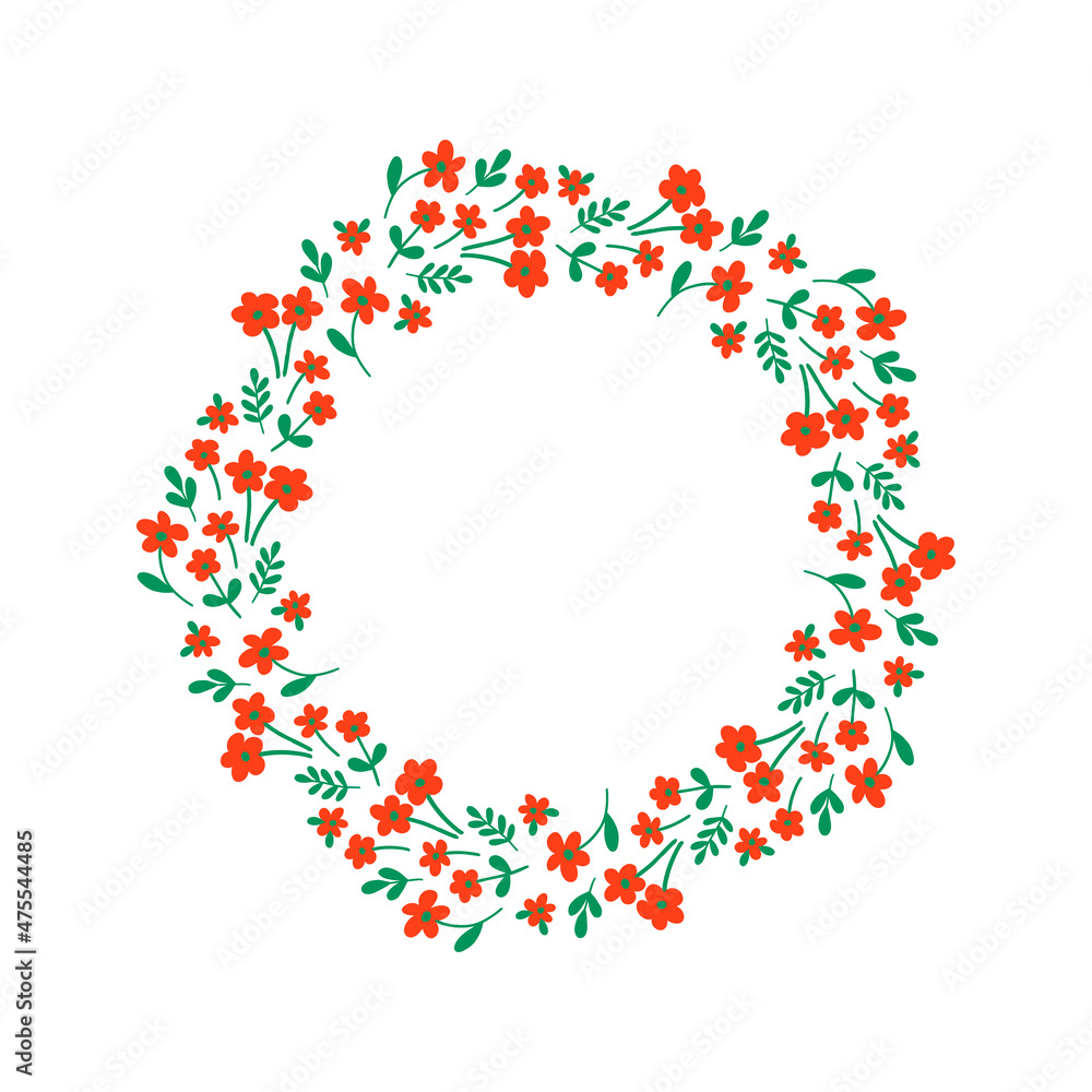 Hand-drawn wreath with white background. Wreath with green and orange flowers. Cute and childish design for fabric, textile, wallpaper, bedding, swaddles or gender-neutral apparel.