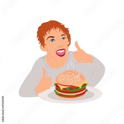 The girl laughs and eats a burger. Shows the class gesture.