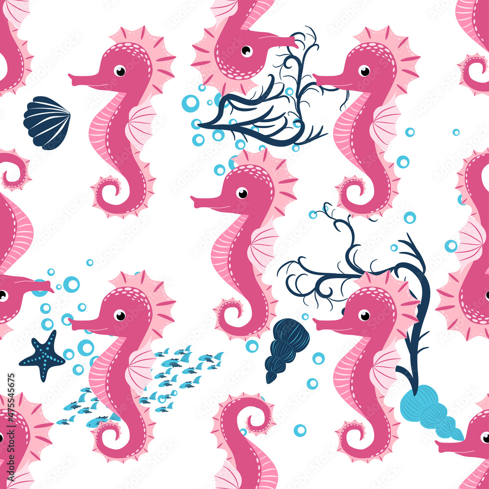 Seahorse, sea inhabitants seamless pattern, beautiful character among seashells, seaweed, starfish, marine Seahorse, sea inhabitants seamless pattern, beautiful character among seashells, seaweed, starfish, marine