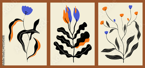 A set of three abstract minimalist aesthetic floral illustrations. Colorful silhouettes of plants on a neutral background. Modern vector posters for social media, web design in vintage style.