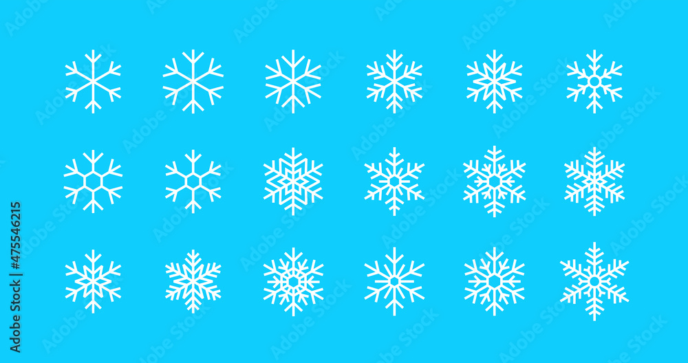 Collection of snowflakes icons. New Year and Christmas attribute. Weather element snowflake. The symbol of cold, snow, winter and frost. Isolated abstract raster illustration. Collection of snowflakes icons. New Year and Christmas attribute. Weather element snowflake. The symbol of cold, snow, winter and frost. Isolated abstract raster illustration.