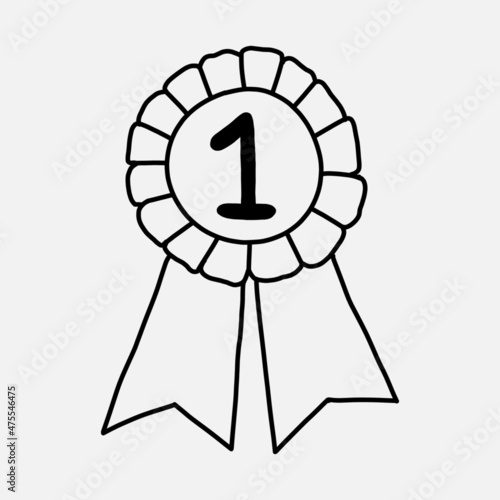 Vector hand drawn black line drawing of number one cockade ribbon doodle isolated on white background