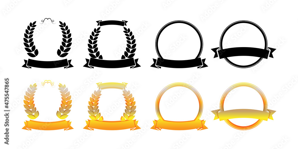 Award laurel wreath with ribbon winner set. Black flat and golden leaf ...