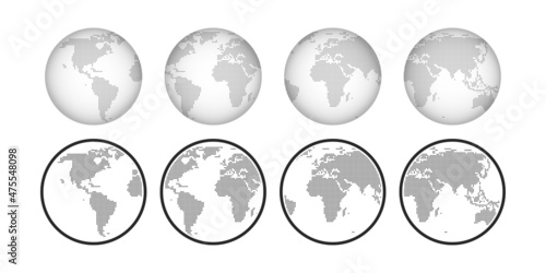 Globe Earth vector icon set. Globus world planet map black flat symbol and transparent collection.
