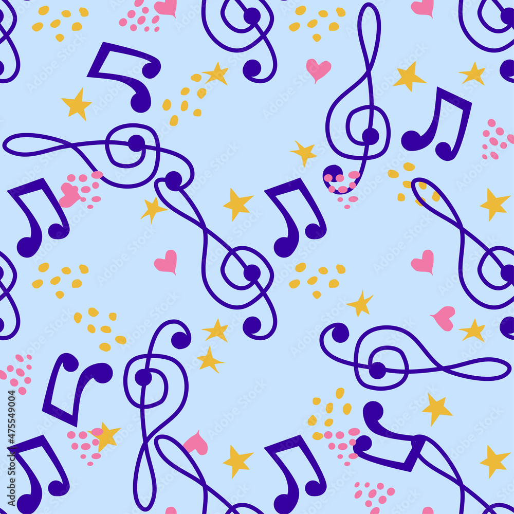 Cartoon hand drawn musical seamless pattern. Lots of symbols, objects and elements. Cartoon hand drawn musical seamless pattern. Lots of symbols, objects and elements.