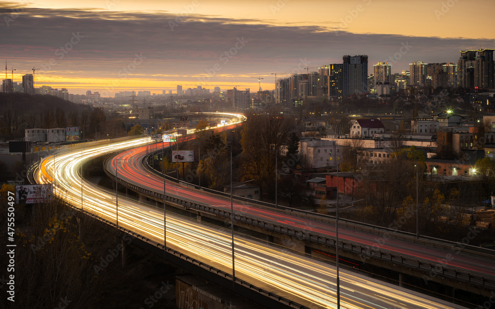 Evening traffic jam on the South Bridge, Kiev Kyiv, Ukraine. View of the Chorna Hora area