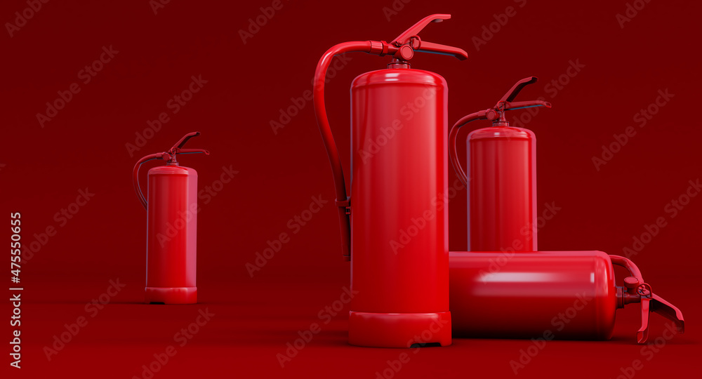 Obraz premium red Fire extinguishers isolated on dark red background. 3D render