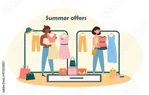 Concept of summer shopping. Girls choose their image in clothing store. Scenes from home wardrobe. Dresses and blouses on hangers. Season, fashion and style. Cartoon flat vector illustration
