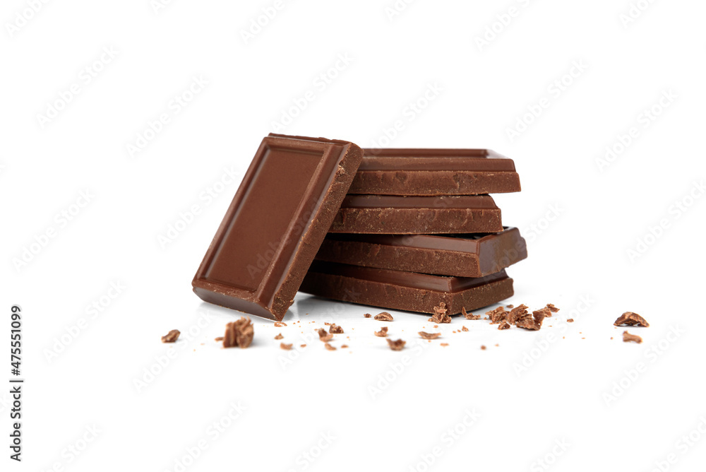Pieces of milk chocolate bar isolated on white background. Pieces of milk chocolate bar isolated on white background.