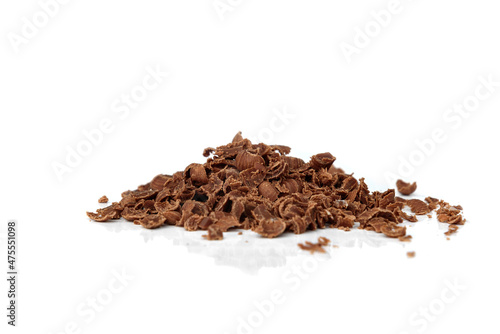 Pile of chopped chocolate isolated on white background.