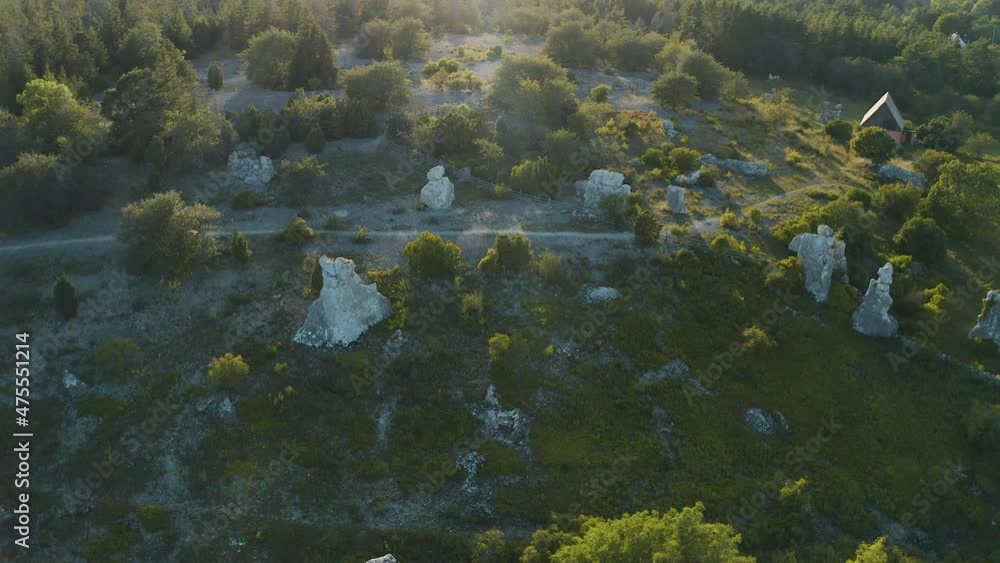 Aerial shot over a collection of limestone rauks on Gotland, Sweden Aerial shot over a collection of limestone rauks on Gotland, Sweden
