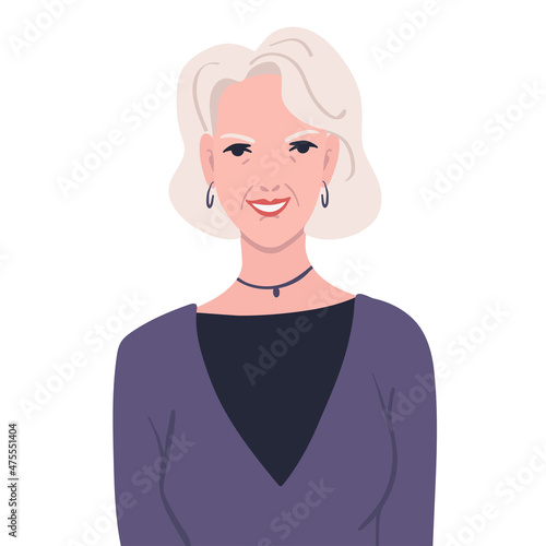Portrait of an elderly gray-haired woman with a smile.Flat vector graphics.