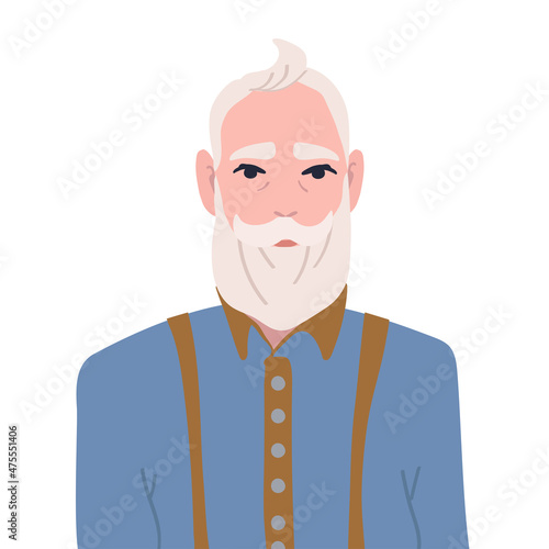Portrait of an elderly gray-haired man with a beard. Flat vector graphics.
