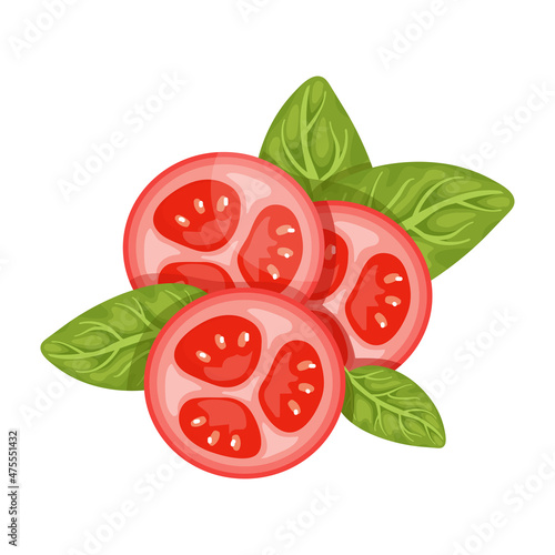 Fresh tomato slices with green basil leaves.
Cartoon vector graphics.