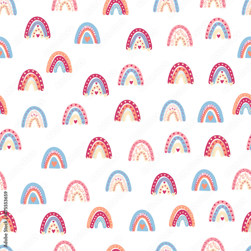 Rainbow seamless pattern in pastel colors. Scandinavian baby hand drawn illustration for textiles and newborn clothes. Rainbow seamless pattern in pastel colors. Scandinavian baby hand drawn illustration for textiles and newborn clothes.