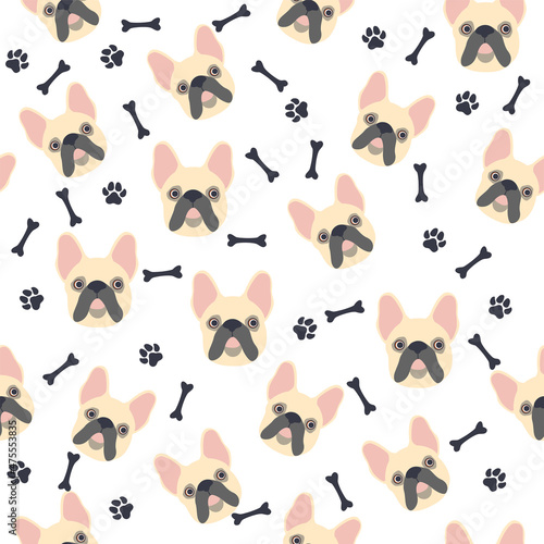 Bulldog muzzle. Seamless pattern with cute cartoon dogs bulldog muzzles
