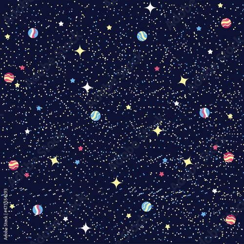 Seamless space pattern. Planets, rockets and stars. Cartoon spaceship. Childish background. Hand drawn