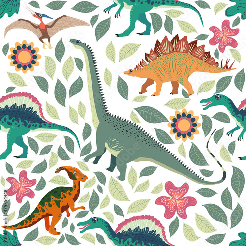 Doodle dinosaur pattern. Seamless textile dragon print  trendy childish fabric background  cartoon dinosaurs.