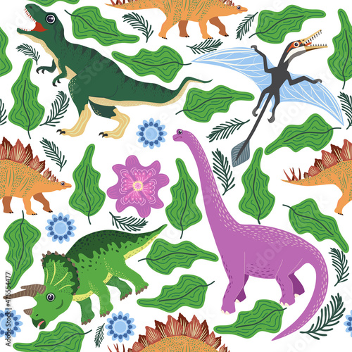 Doodle dinosaur pattern. Seamless textile dragon print  trendy childish fabric background  cartoon dinosaurs.