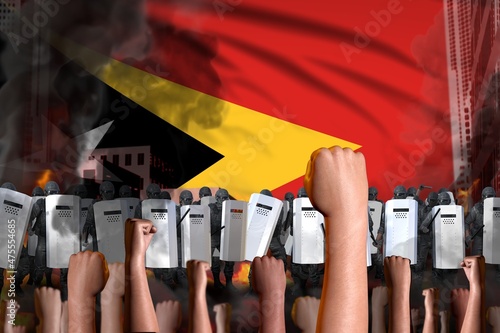 Fotografi mutiny stopping concept - protest in Timor-Leste on flag background, police spec