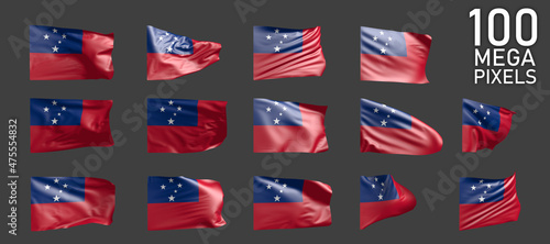 many different realistic renders of Samoa flag isolated on grey background - 3D illustration of object