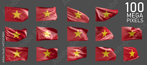 14 various pictures of Vietnam flag isolated on grey background - 3D illustration of object